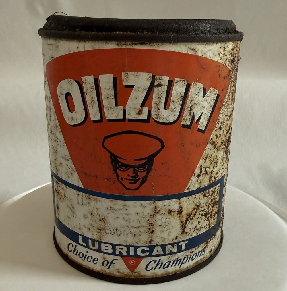 1960s Oilzum Lubricant Grease Oil Tin Can Two Lbs White Bagley Worcester Ma. USA